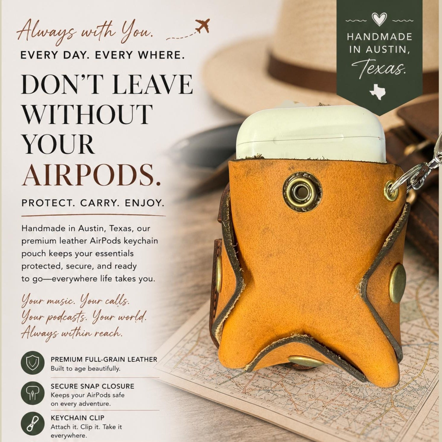 Full-Grain Leather AirPods Keychain Case | Made in Austin, TX