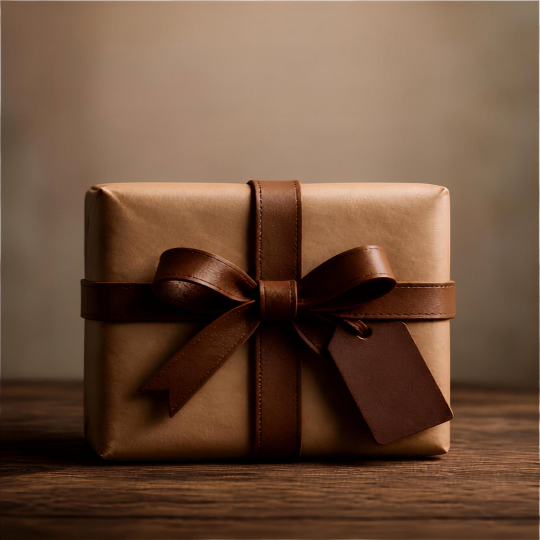 Photograph of a gift wrapped in brown paper with a leather bow and tag sitting on a piece of wood with a beige background