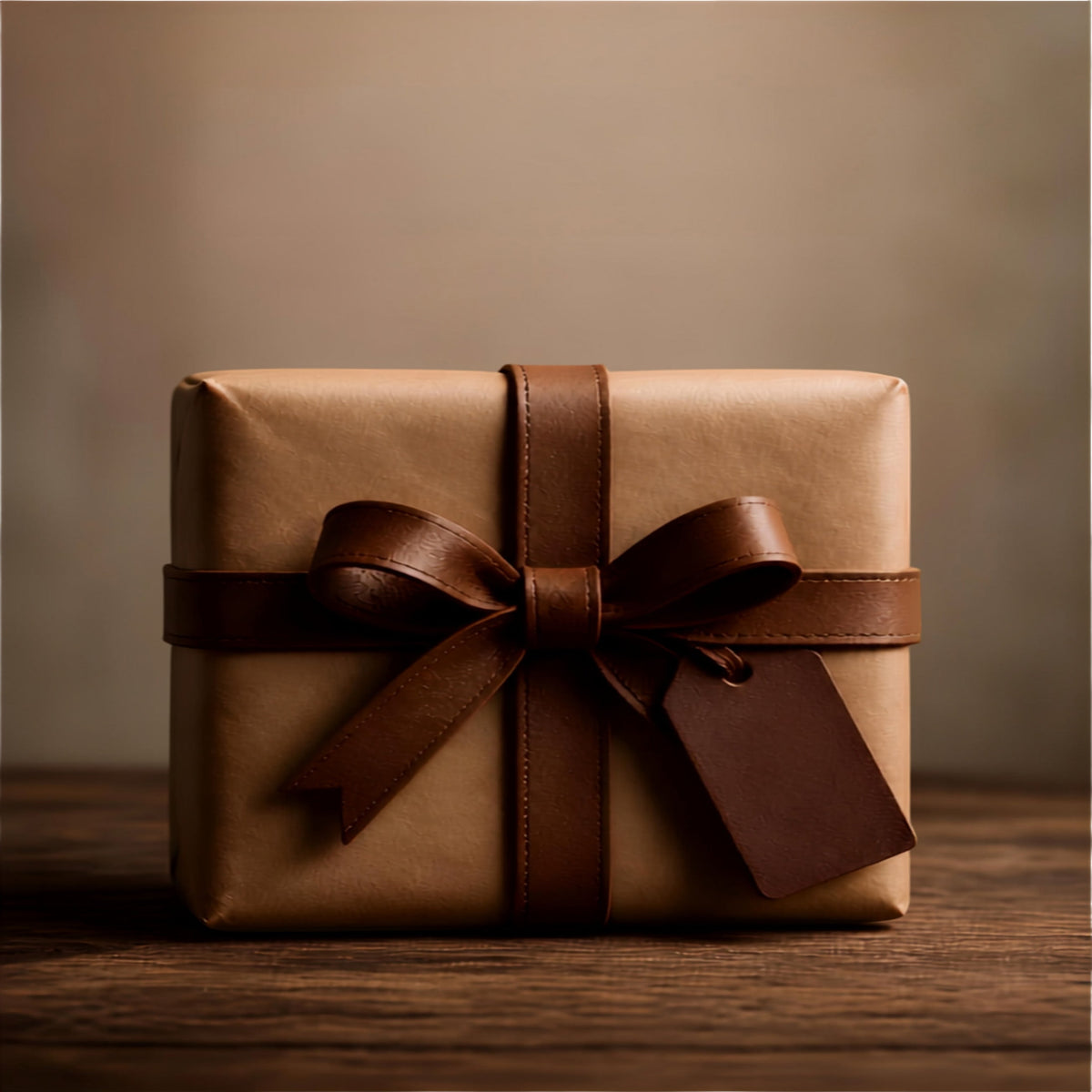 Photograph of a gift wrapped in brown paper with a leather bow and tag sitting on a piece of wood with a beige background