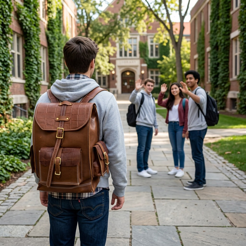 photo of a college student meeting up with friends while wearing the Cold Forge Leather Max backpack