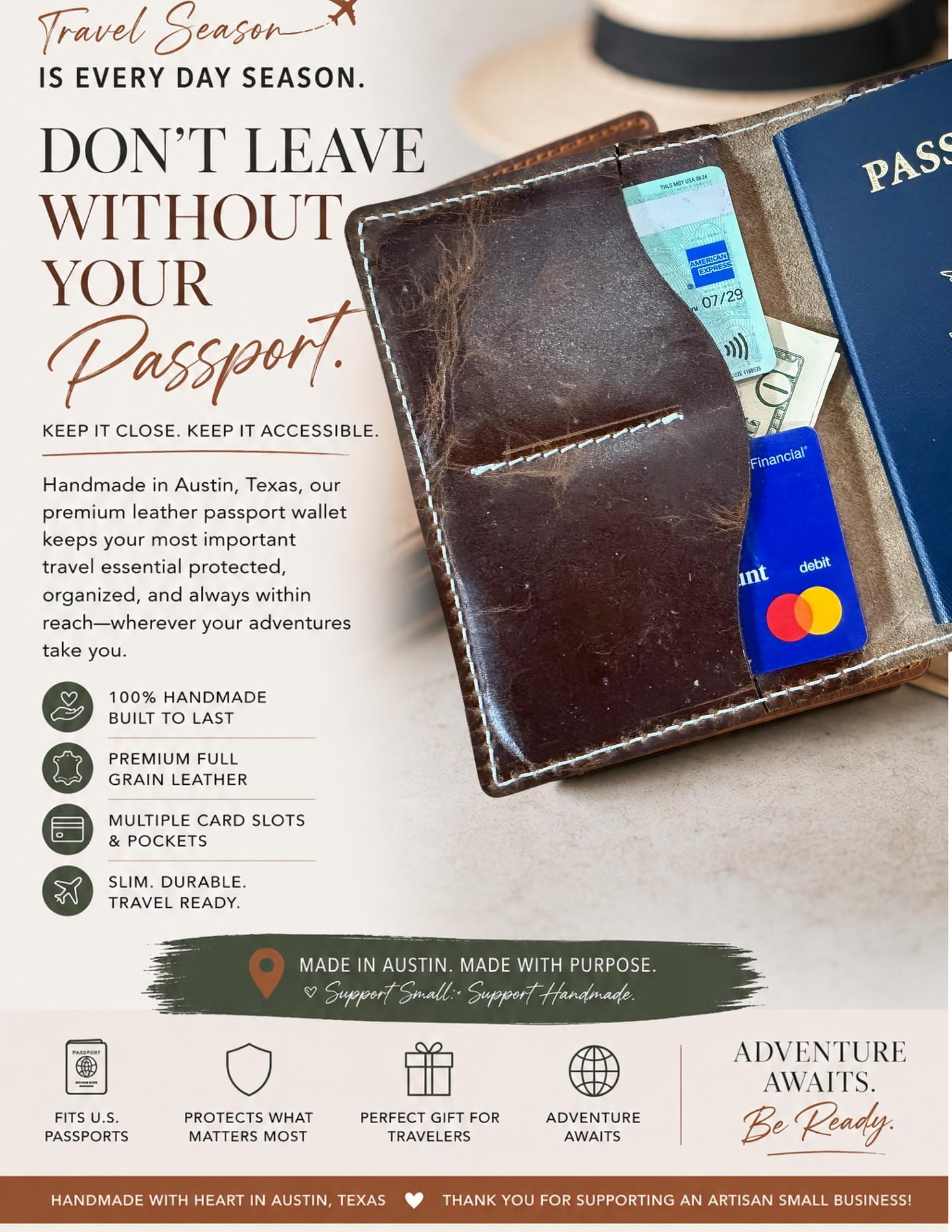 Full Grain Leather Passport Wallet Handmade in Austin Texas