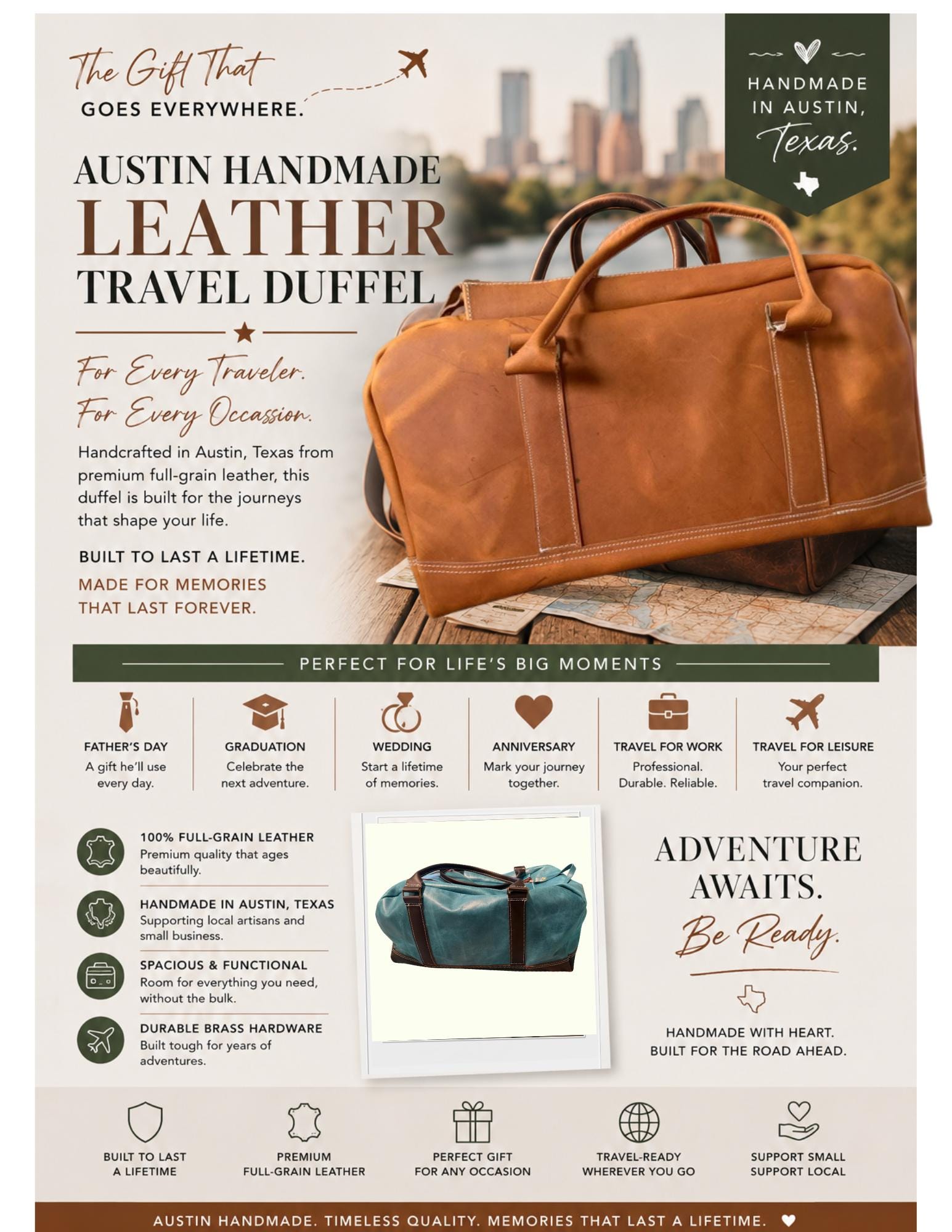 Handmade Leather Duffel Bag - Made in Austin, Texas