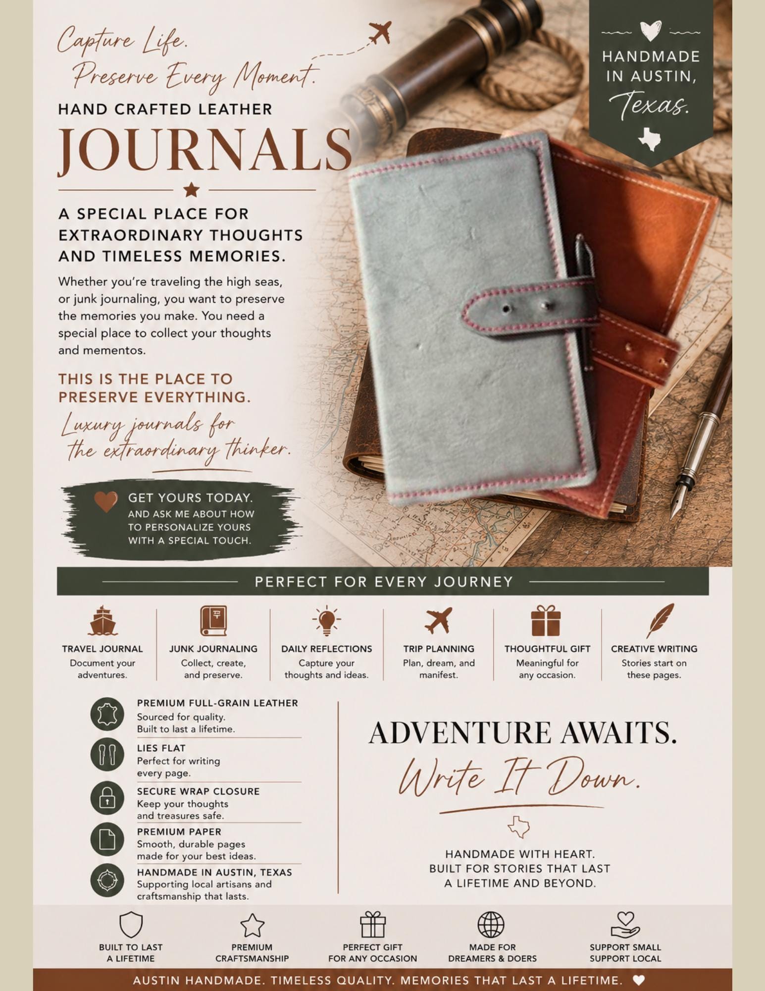 Handmade Leather Luxury Journal | Full-Grain Leather Notebook | Handcrafted in Austin, Texas