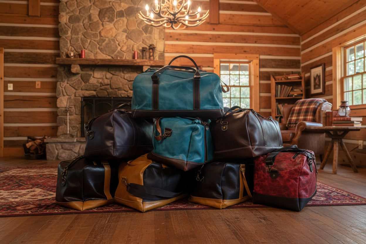 A stack of multiple duffel and carry-on bags in various colors, including teal, navy, black, mustard yellow, and red, displayed on a garage floor.