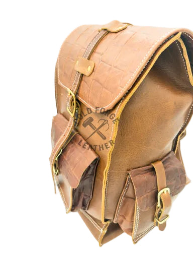 A brown leather backpack with crocodile-embossed panels and smooth leather straps, shown on a white background with a watermark overlay.