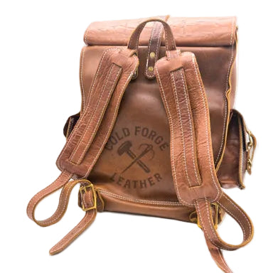 A brown leather backpack shown from the back, featuring adjustable padded shoulder straps, a top flap, 