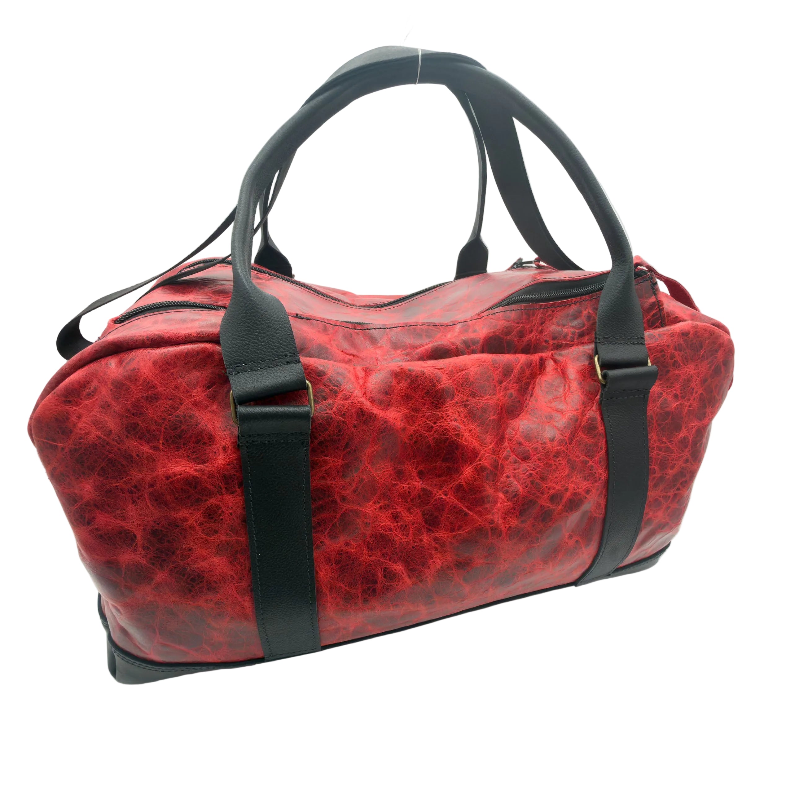A red textured duffel bag with black handles and trim, photographed on a white studio background.