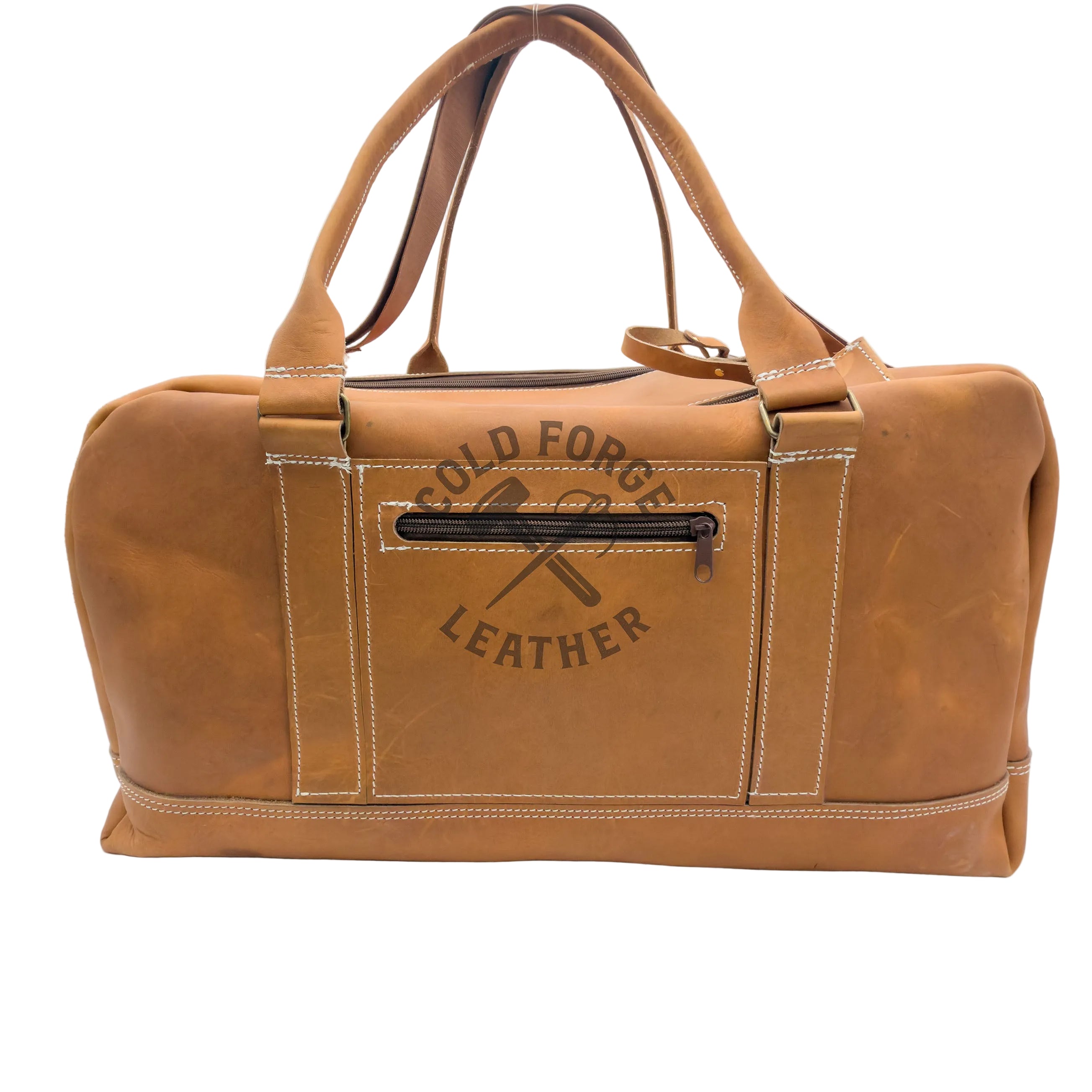 A tan leather duffel bag with dual top handles, a front zippered pocket, and a dark brown embossed logo reading 'COLD FORGED LEATHER' on a white studio background.