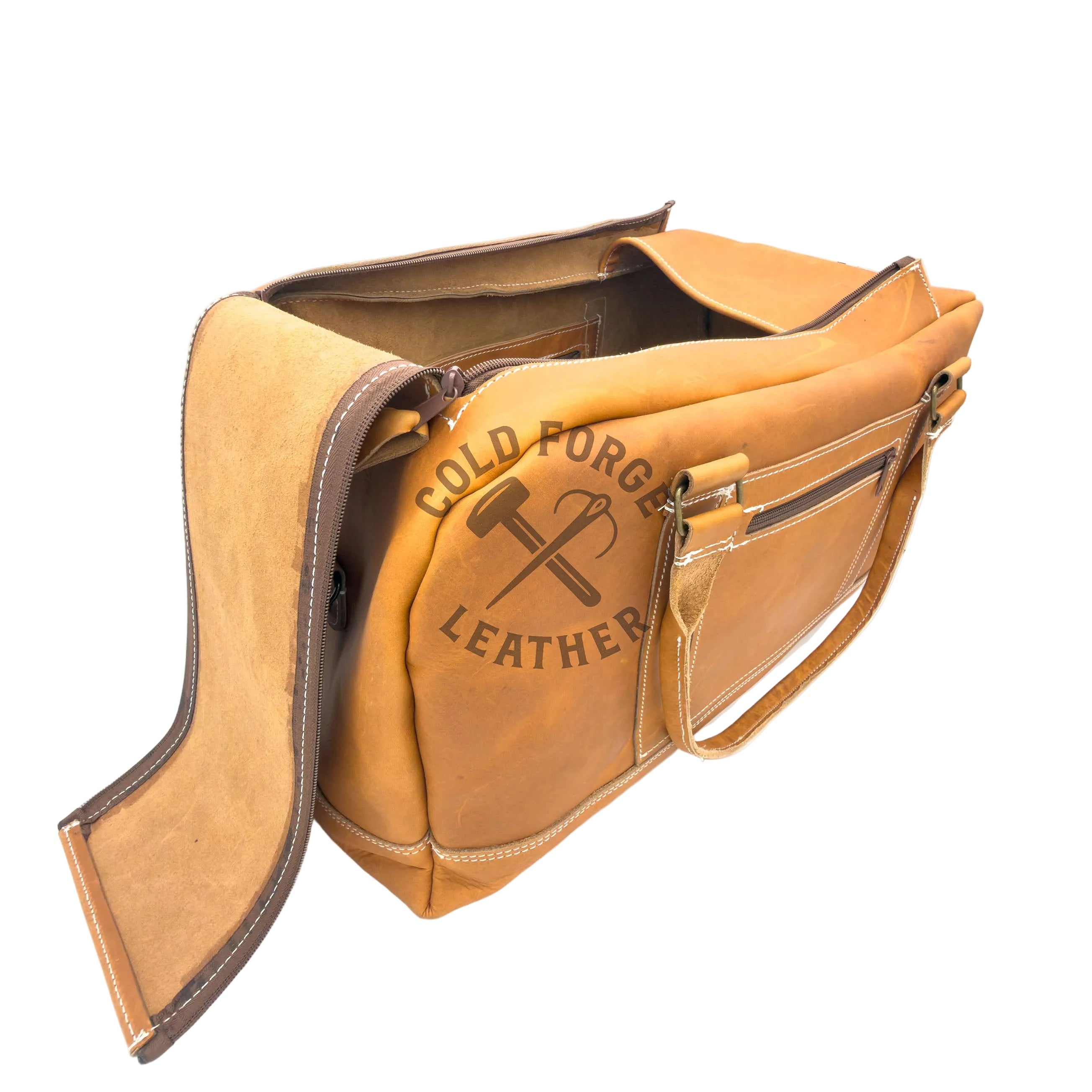 A tan leather duffle bag with a flap shoulder strap, shown open on a white studio background. 