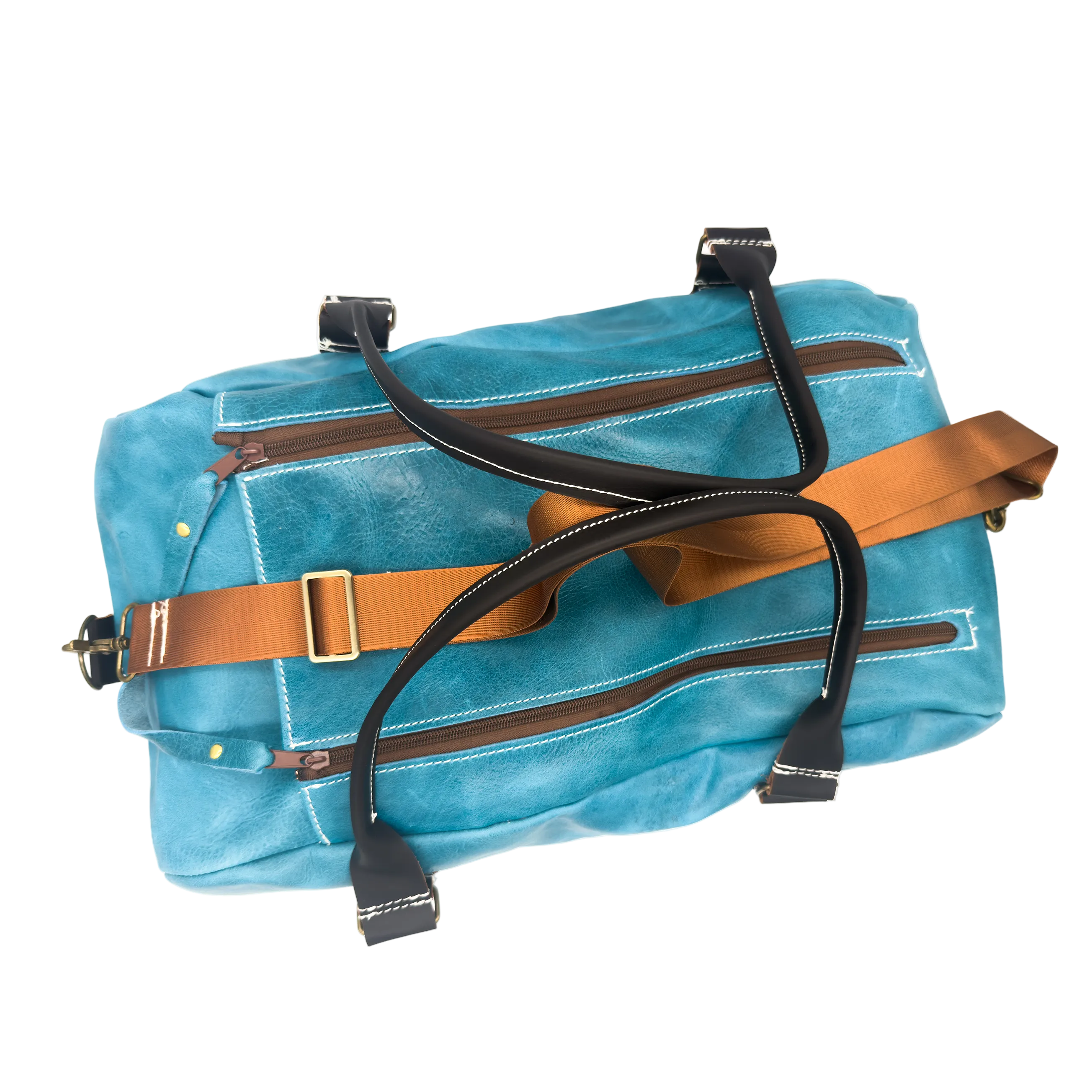 A turquoise blue leather duffel bag with brown leather straps, black trim, and white contrast stitching, shown on a plain white background.