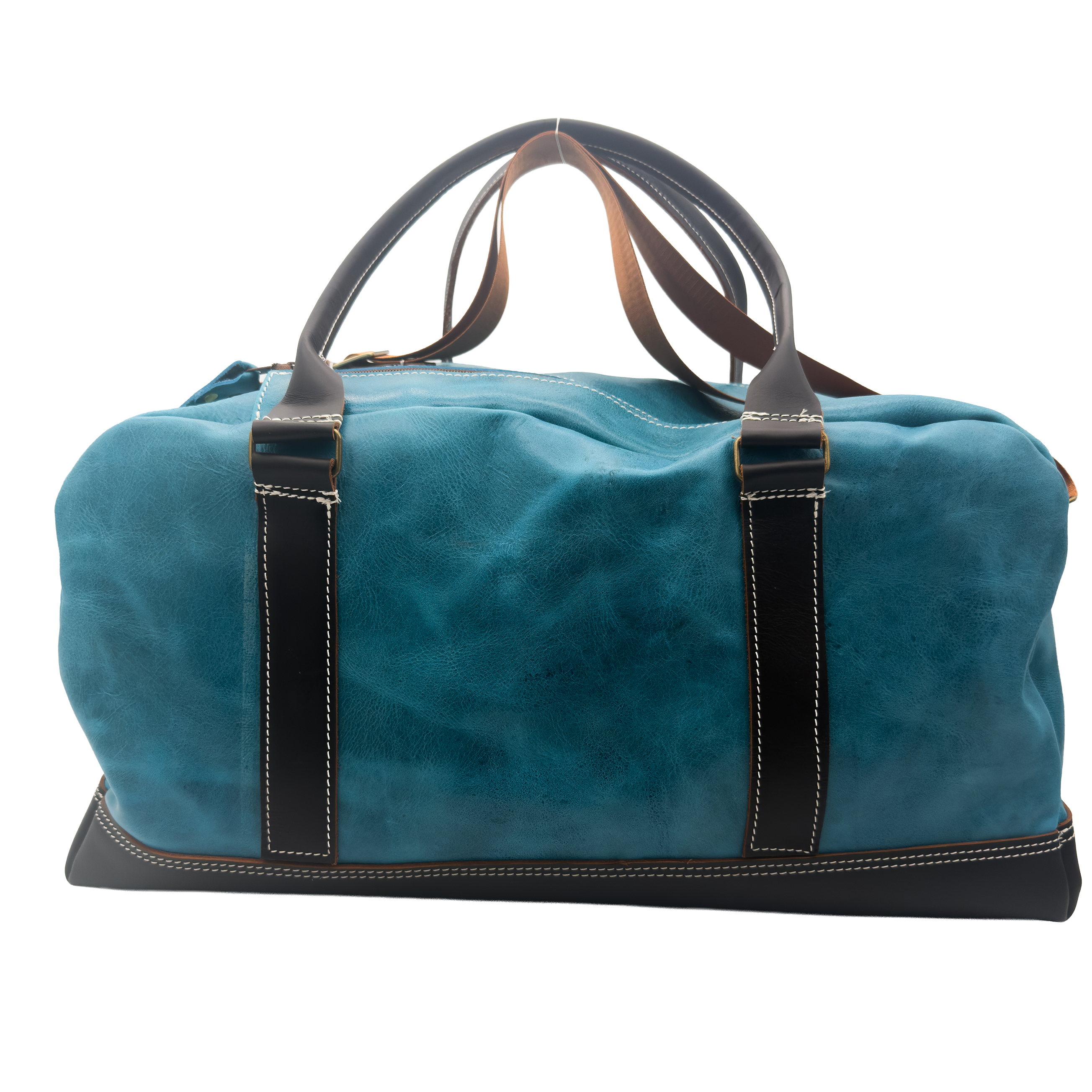 A teal blue leather duffel bag with dark brown leather handles, straps, and base, featuring white contrast stitching.