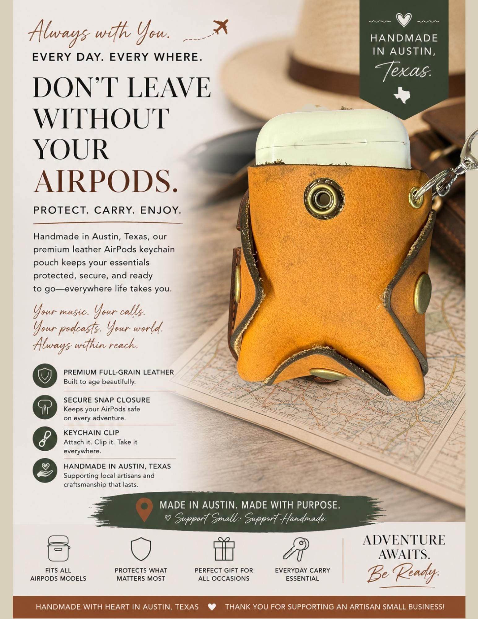 AirPods Case | Full Grain Leather Keychain | AirPods Holder | Made in Austin Texas |